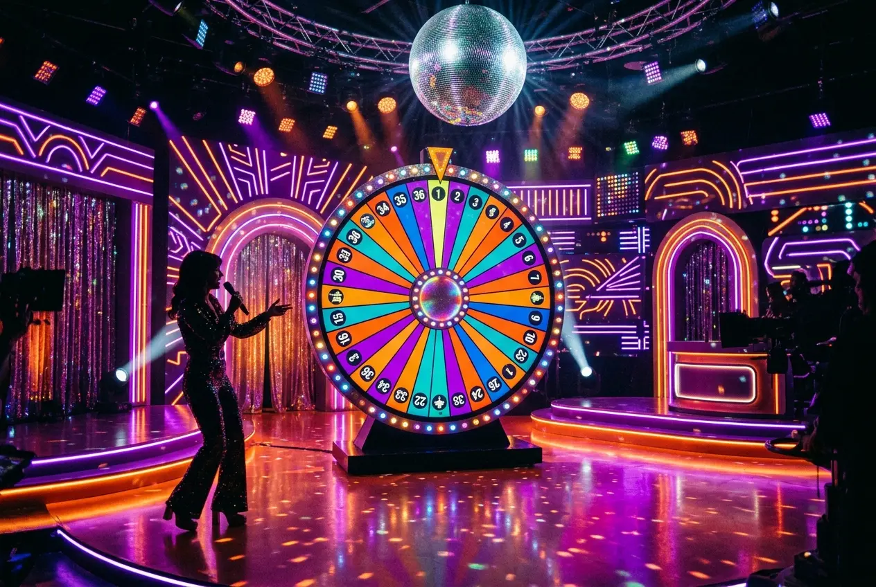Funky Time live casino game show studio with disco lighting